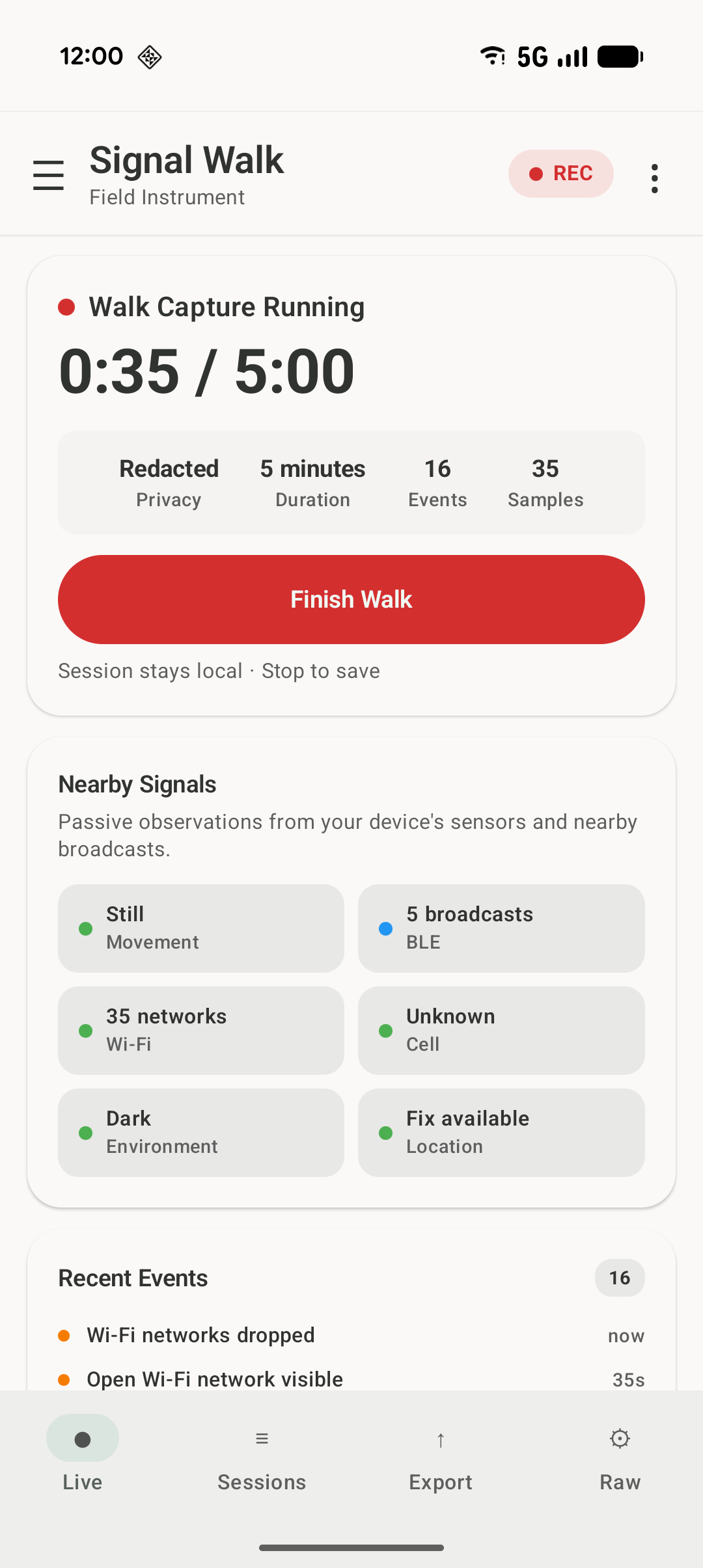 Signal Walk Live screen showing a walk capture, nearby signal counts, sensor status, and recent events
