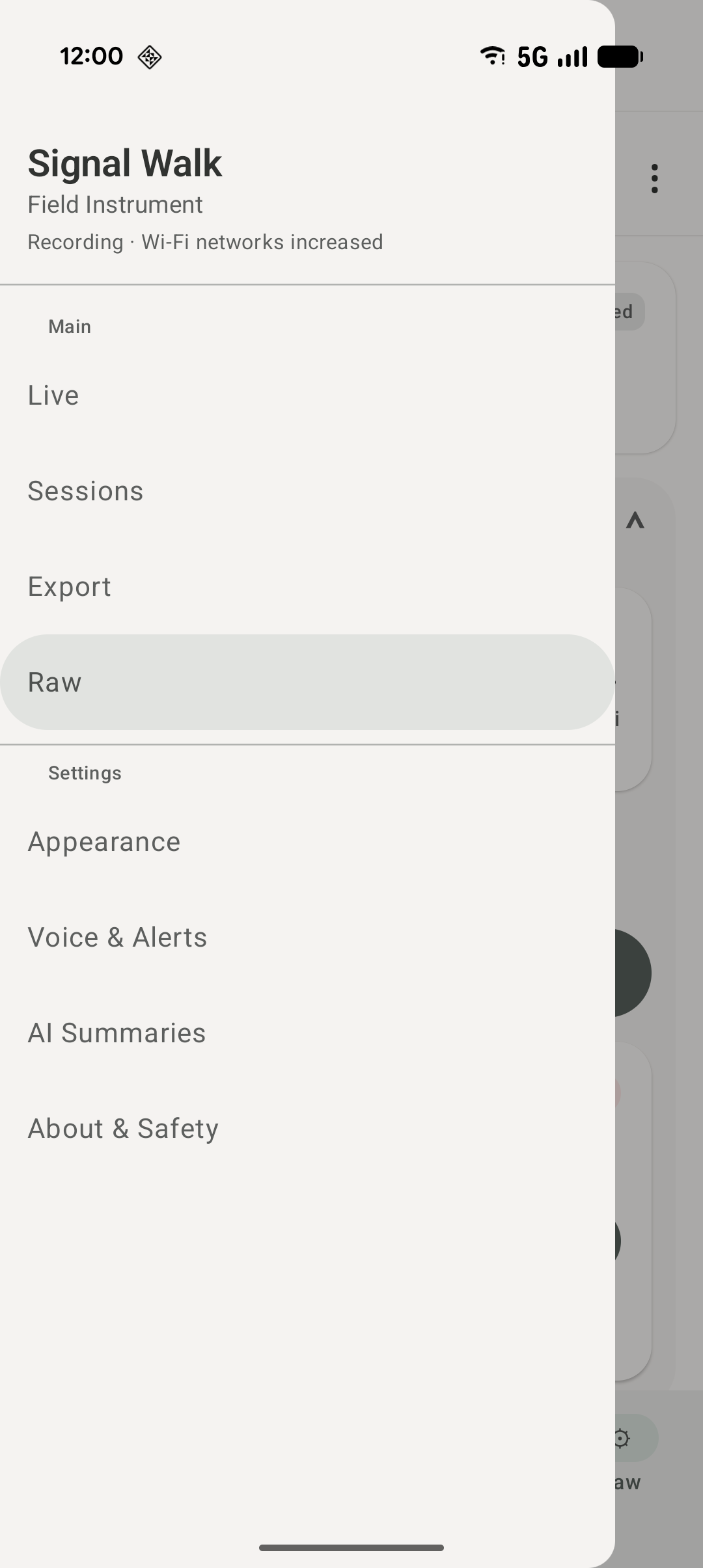 Signal Walk navigation drawer with Live, Sessions, Export, Raw, Appearance, Voice and Alerts, AI Summaries, and About and Safety