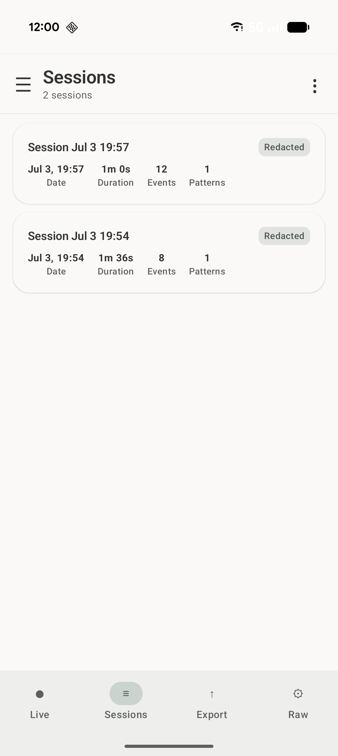 Signal Walk Sessions screen listing saved captures with duration, events, and privacy mode